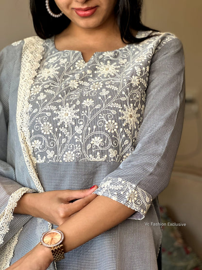Graceful Grey: Embroidered Kota Doria Ensemble 2432