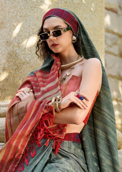 Handloom Style Katan Silk Saree with Red Zari Border – Elegant Office & Festive Wear Saree for Women