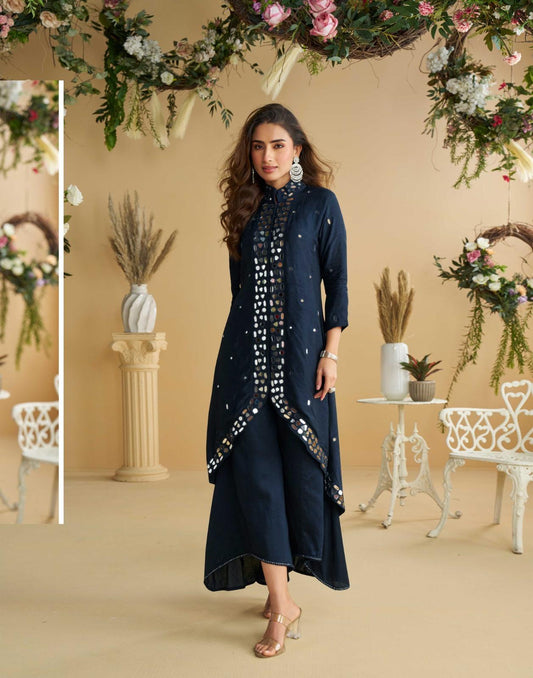 Navy Blue Real Silk Mirror Work Kurta Palazzo Set for Women – Asymmetrical Designer Festive Outfit (XL)