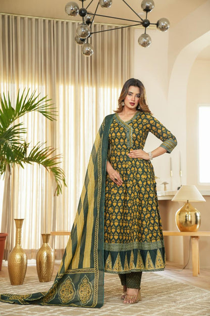 Bottle Green Cotton Anarkali Suit Set with Block Print and Dupatta – Women’s Festive Wear