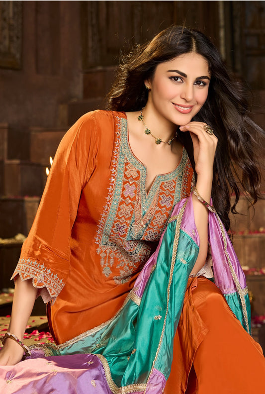 Pure Crepe Kurta Pant Dupatta Set with Heavy Embroidery and Organza Dupatta – Festive Ethnic Wear for Women