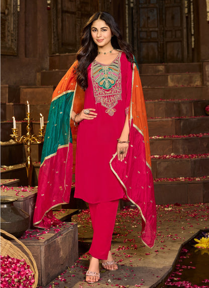 Pure Crepe Kurta Pant Dupatta Set with Heavy Embroidery and Organza Dupatta – Festive Ethnic Wear for Women