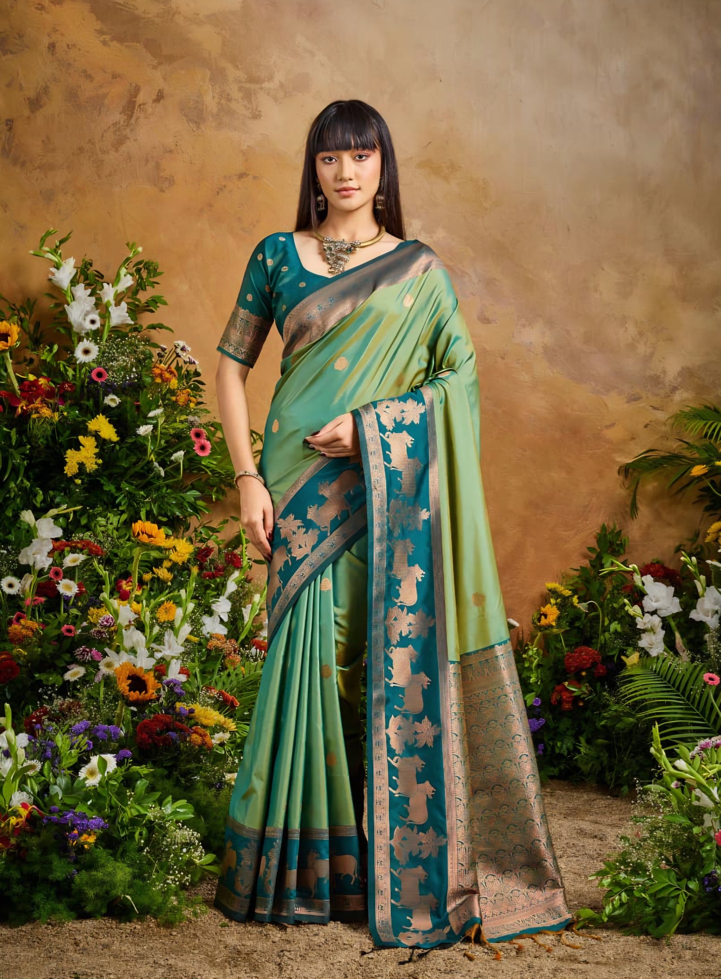 Handloom styled Silk Pichwai Saree with Woven Border and Contrast Blouse
