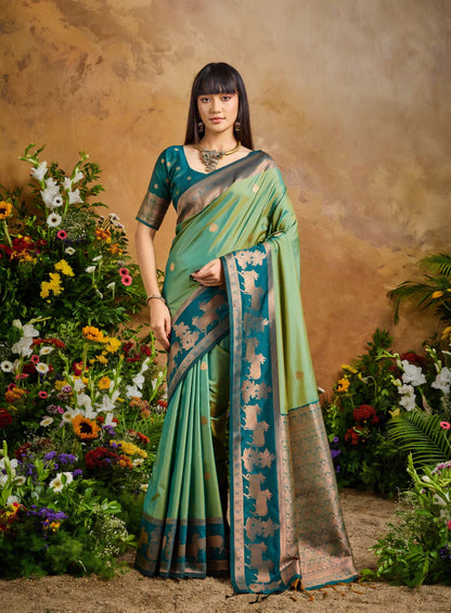 Handloom styled Silk Pichwai Saree with Woven Border and Contrast Blouse