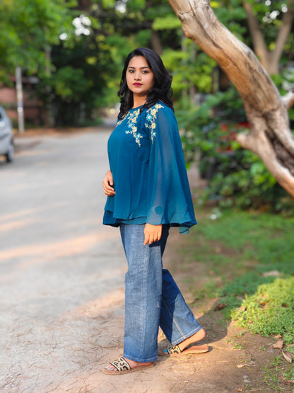 Teal Blue Georgette Embellished A-Line Top 3991