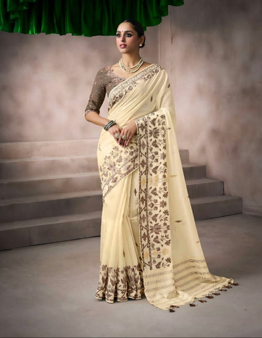 Ivory beige kora silk style viscose saree with woven motifs, tassel pallu and embroidered blouse fabric for women