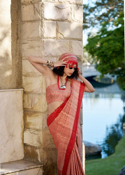 Handloom Style Katan Silk Saree with Red Zari Border – Elegant Office & Festive Wear Saree for Women