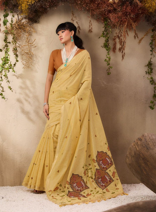 Munga Cotton Handloom Pichwai Saree for Women with Woven Border and Tassel Pallu – Soft Lightweight Traditional Wear