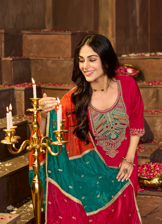 Pure Crepe Kurta Pant Dupatta Set with Heavy Embroidery and Organza Dupatta – Festive Ethnic Wear for Women