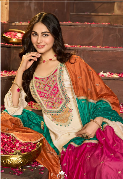 Pure Crepe Kurta Pant Dupatta Set with Heavy Embroidery and Organza Dupatta – Festive Ethnic Wear for Women