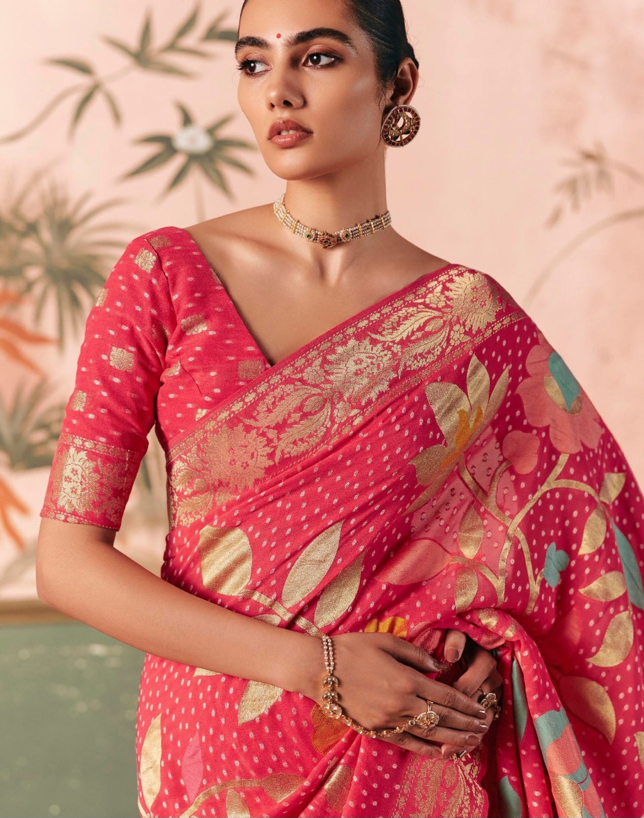 Pure Kaddi Georgette Zari Weaving Saree in Rani Pink with Circular Motifs and Floral Accents – Festive & Wedding Wear Saree for Women