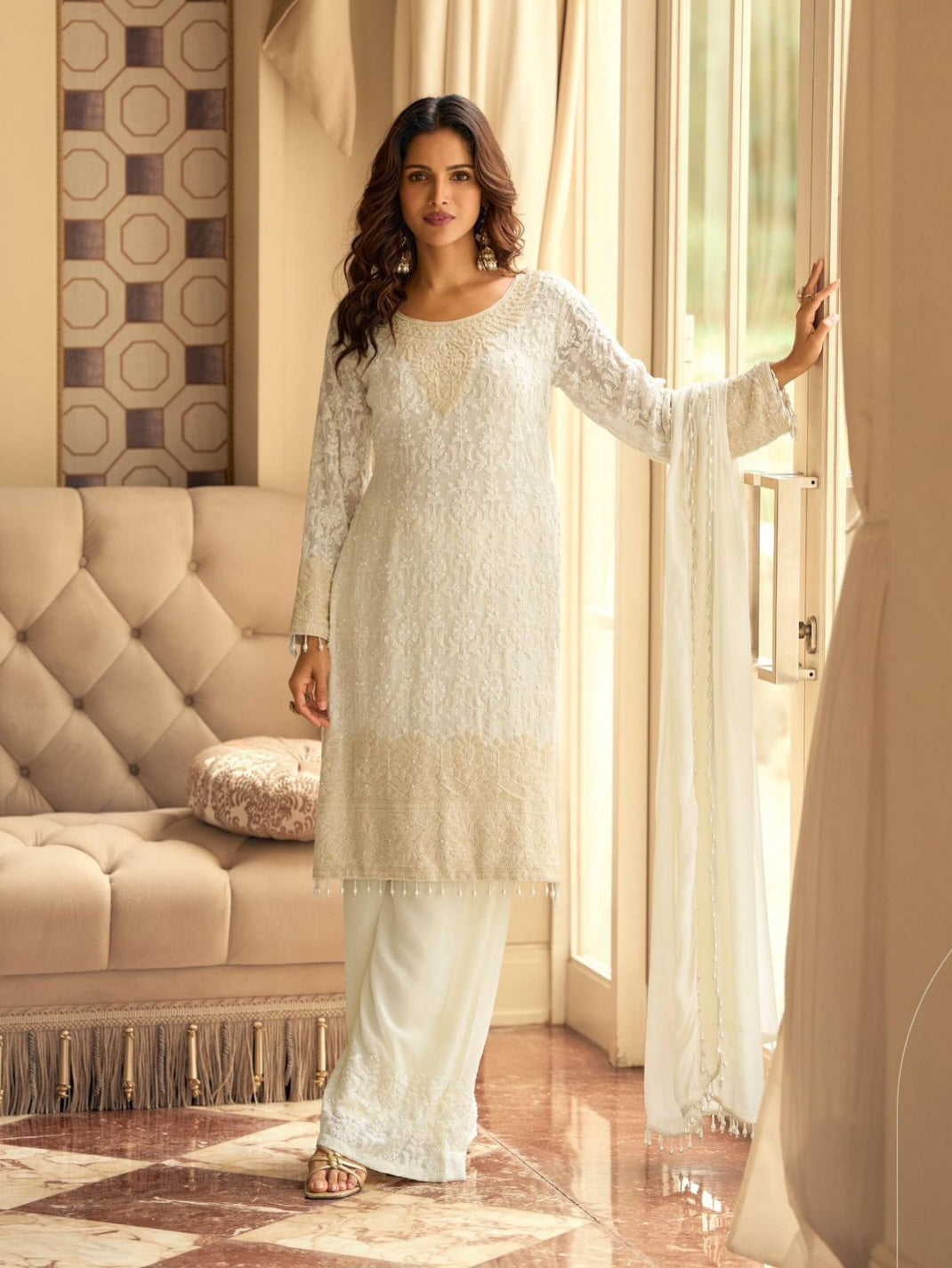 Women’s premium georgette embroidered stitched suit set with beads work and palazzo