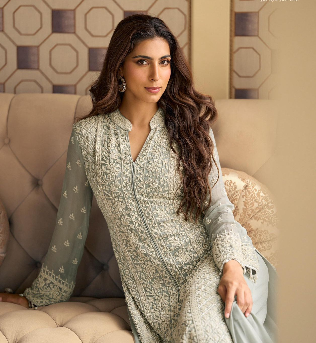 Women’s premium georgette embroidered stitched suit set with beads work and palazzo