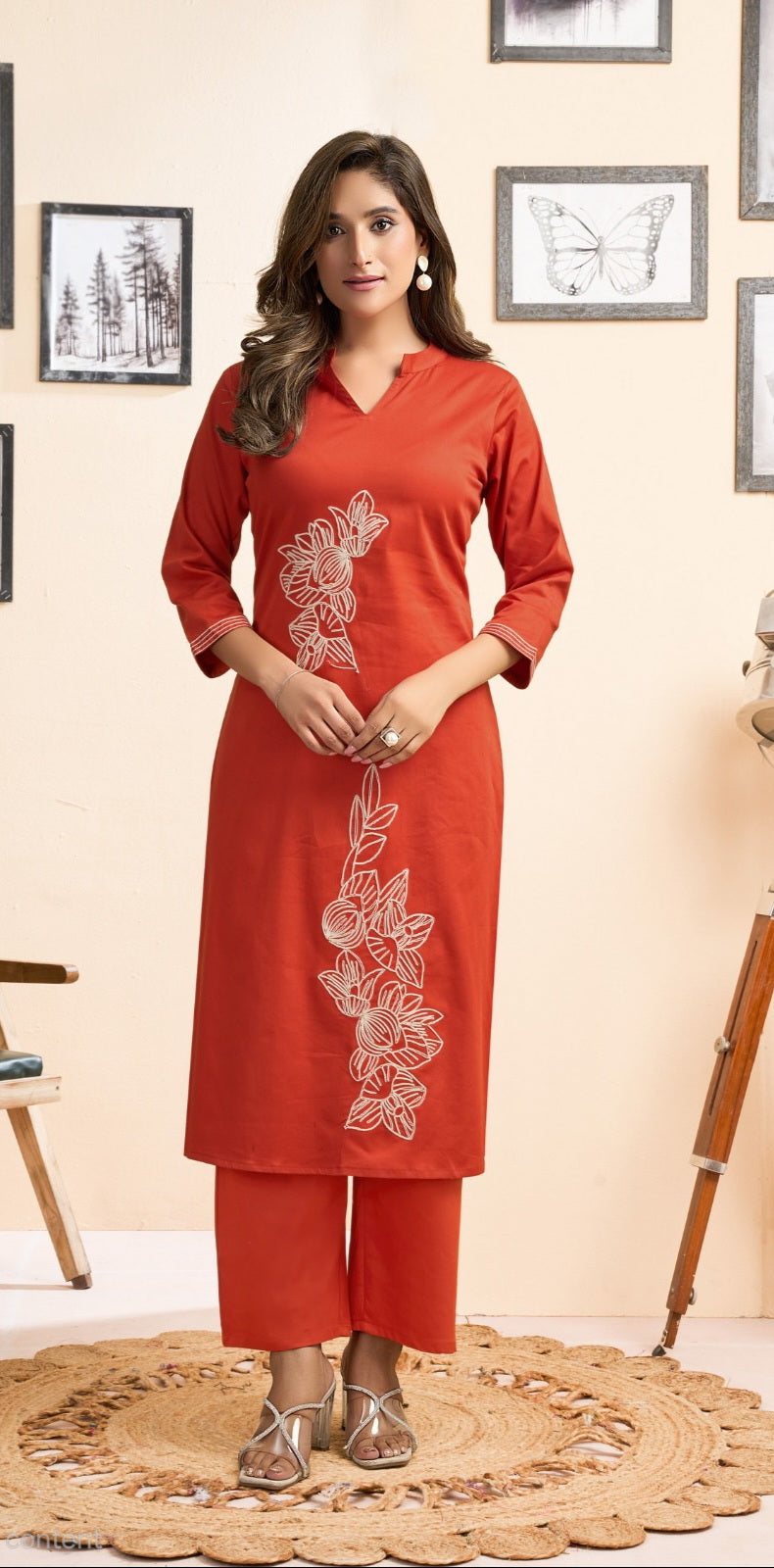 Satin lycra co-ord set for women with embroidered top and straight pants