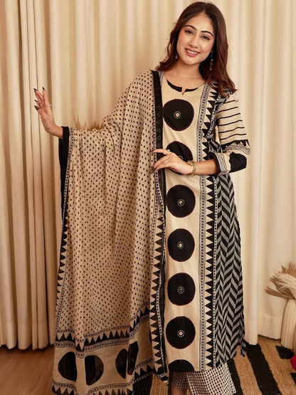 Beige and Black Cotton Printed Kurta Pant Dupatta Set for Women – Geometric Pattern Daily and Festive Wear