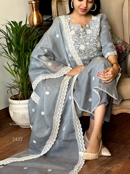 Graceful Grey: Embroidered Kota Doria Ensemble 2432