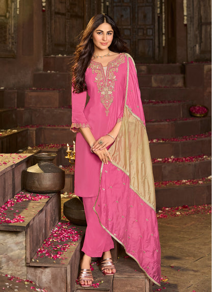 Pure Crepe Kurta Pant Dupatta Set with Heavy Embroidery and Organza Dupatta – Festive Ethnic Wear for Women