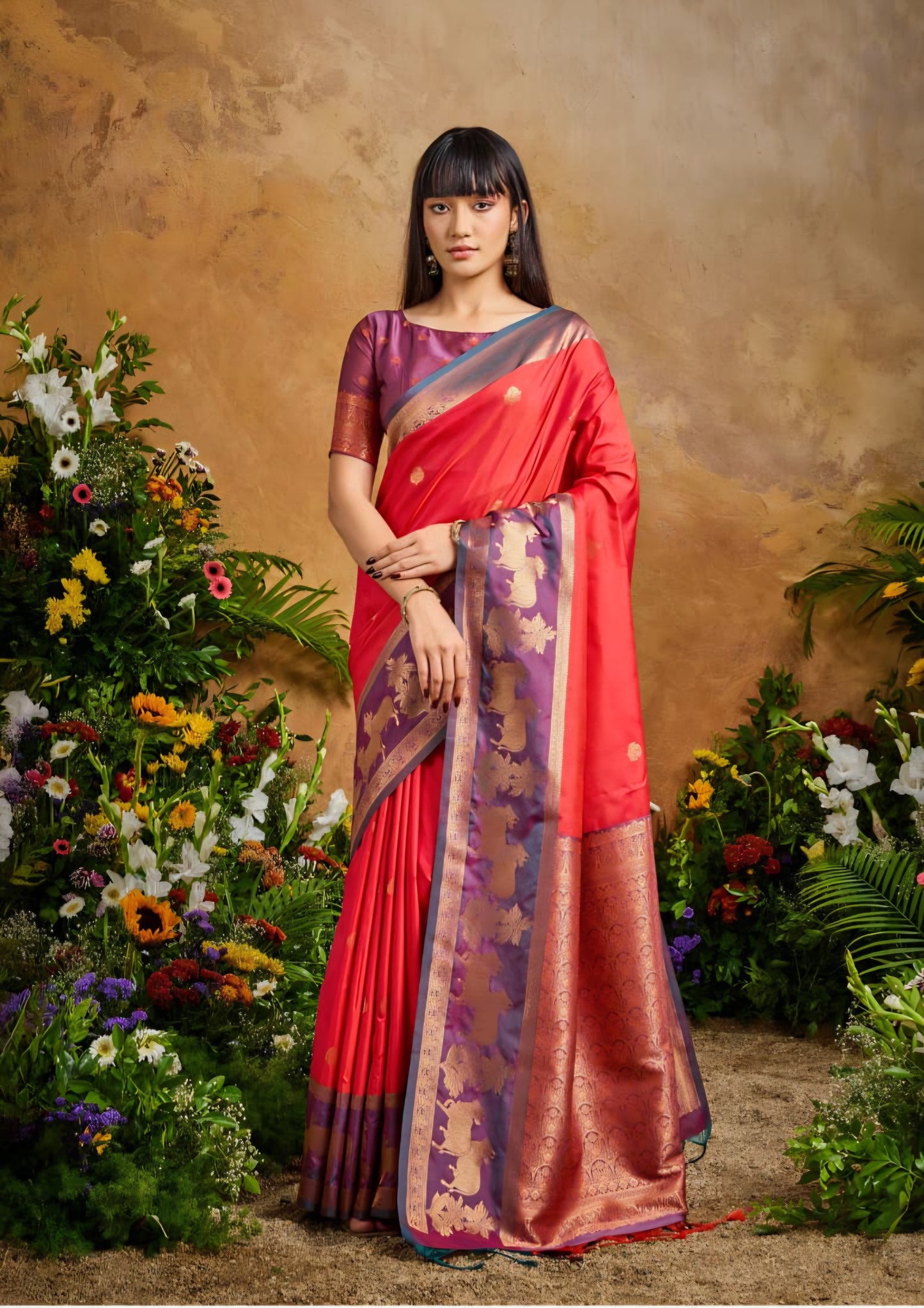 Handloom styled Silk Pichwai Saree with Woven Border and Contrast Blouse