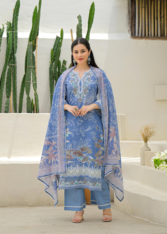 Women’s Pure Cotton Floral Kurta Set with Printed Dupatta – Breathable 3-Piece Set in M to 3XL