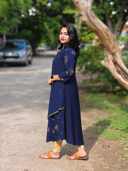 Navy Blue Poly Crepe Floral Print Flared Kurta 3720