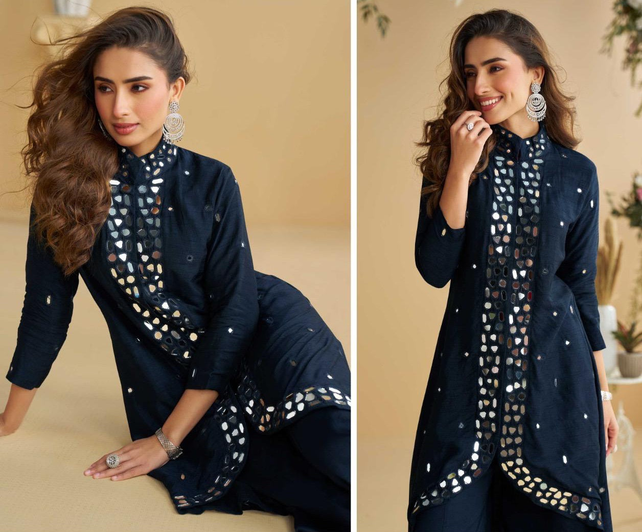 Navy Blue Real Silk Mirror Work Kurta Palazzo Set for Women – Asymmetrical Designer Festive Outfit (XL)