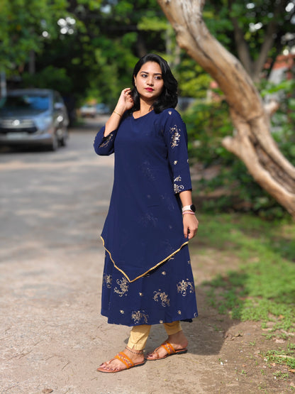 Navy Blue Poly Crepe Floral Print Flared Kurta 3720
