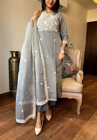 Graceful Grey: Embroidered Kota Doria Ensemble 2432