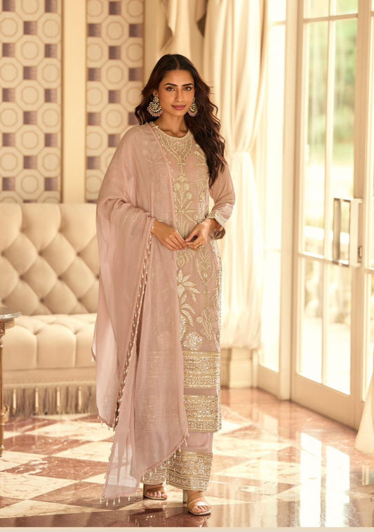 Women’s premium georgette embroidered stitched suit set with beads work and palazzo