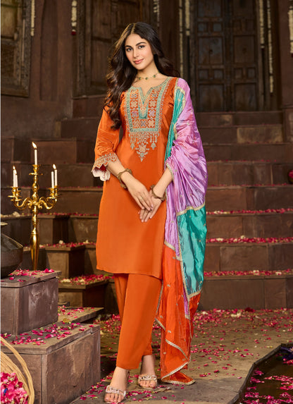 Pure Crepe Kurta Pant Dupatta Set with Heavy Embroidery and Organza Dupatta – Festive Ethnic Wear for Women