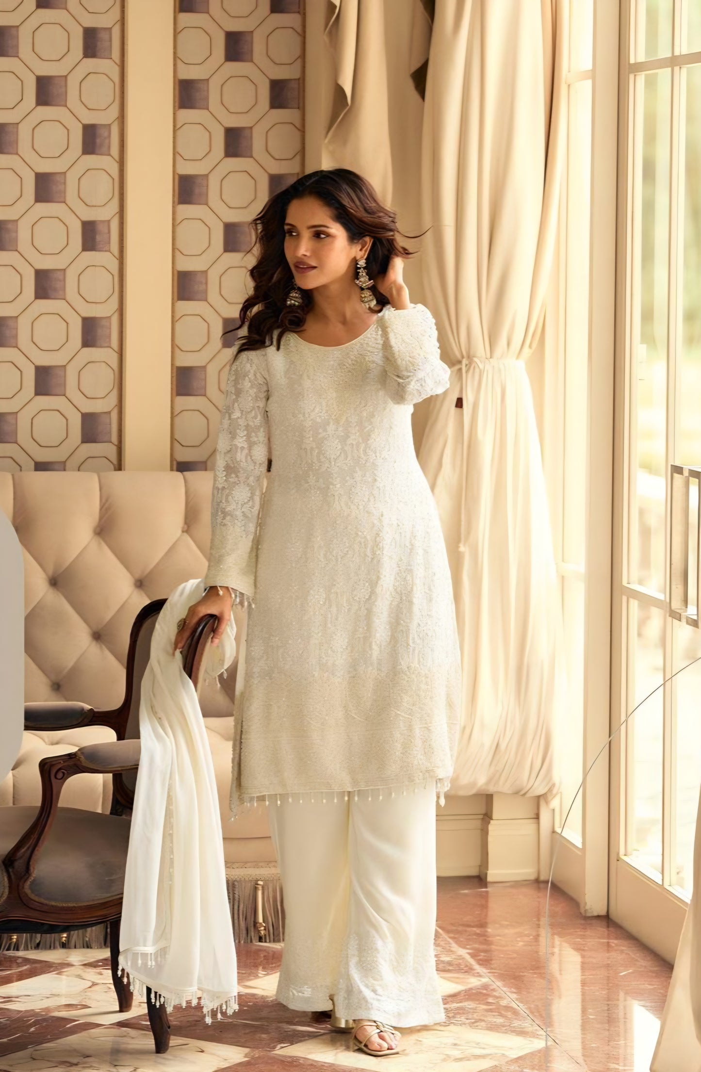 Women’s premium georgette embroidered stitched suit set with beads work and palazzo