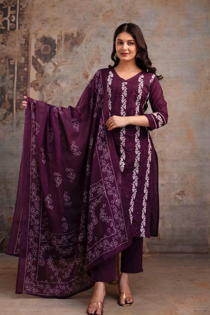 Plum Cotton Embroidered Suit Set with Dupatta – Elegant Ethnic Wear for Women