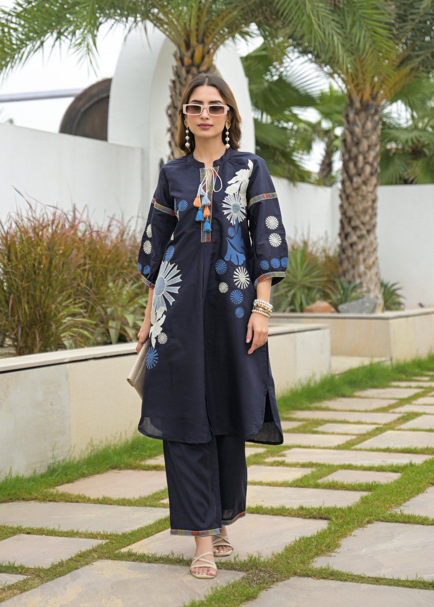 Navy Blue Roman Silk Embroidered Kurta Pant Set for Women – Elegant Two-Piece Festive and Semi-Formal Outfit