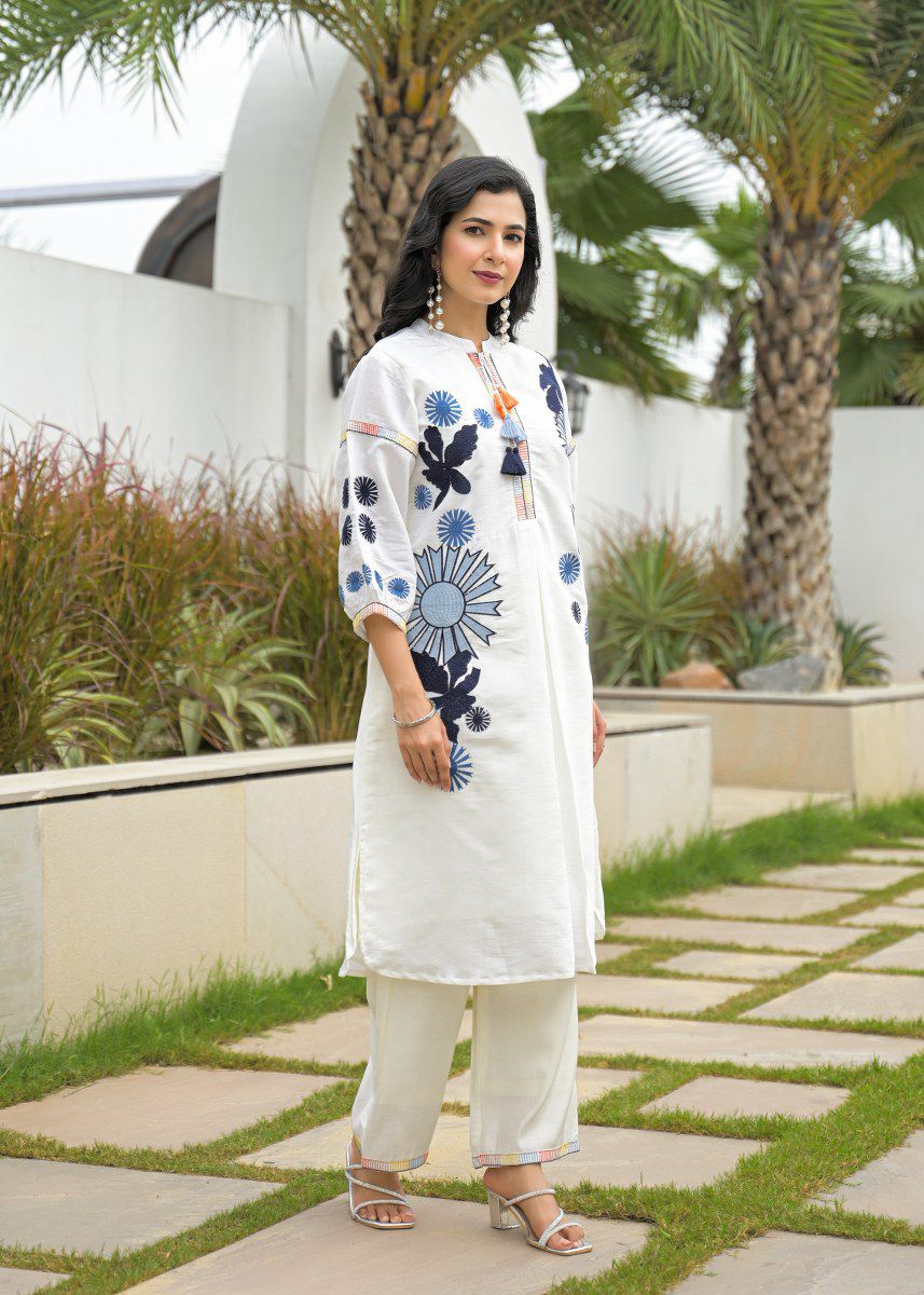 White Roman Silk Embroidered Kurta Pant Set for Women – Elegant Two-Piece Festive and Semi-Formal Outfit