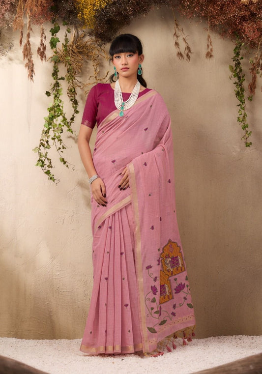 Munga Cotton Handloom Pichwai Saree for Women with Woven Border and Tassel Pallu – Soft Lightweight Traditional Wear