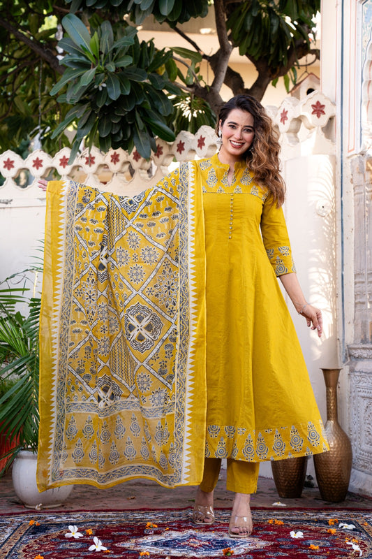 Cotton Printed Anarkali Suit Set with Embroidered Yoke and Dupatta – Mustard Yellow (Women’s Ethnic Wear)